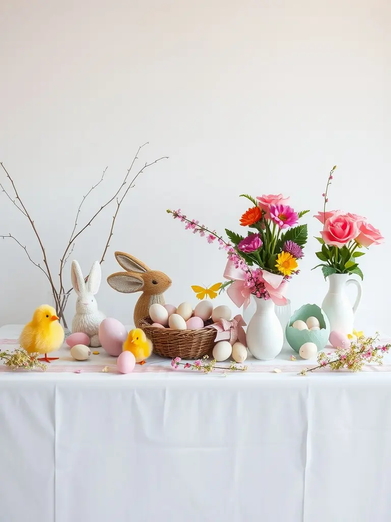 Easter-themed table decor featuring flowers, Easter eggs, and decorative bunnies.