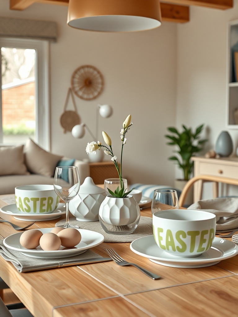 Easter-themed tableware with bowls and plates that say 'EASTER', fresh flowers, and eggs on a wooden table