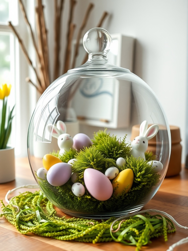 A decorative glass terrarium with colorful Easter eggs and bunny figurines, displayed on a wooden surface.