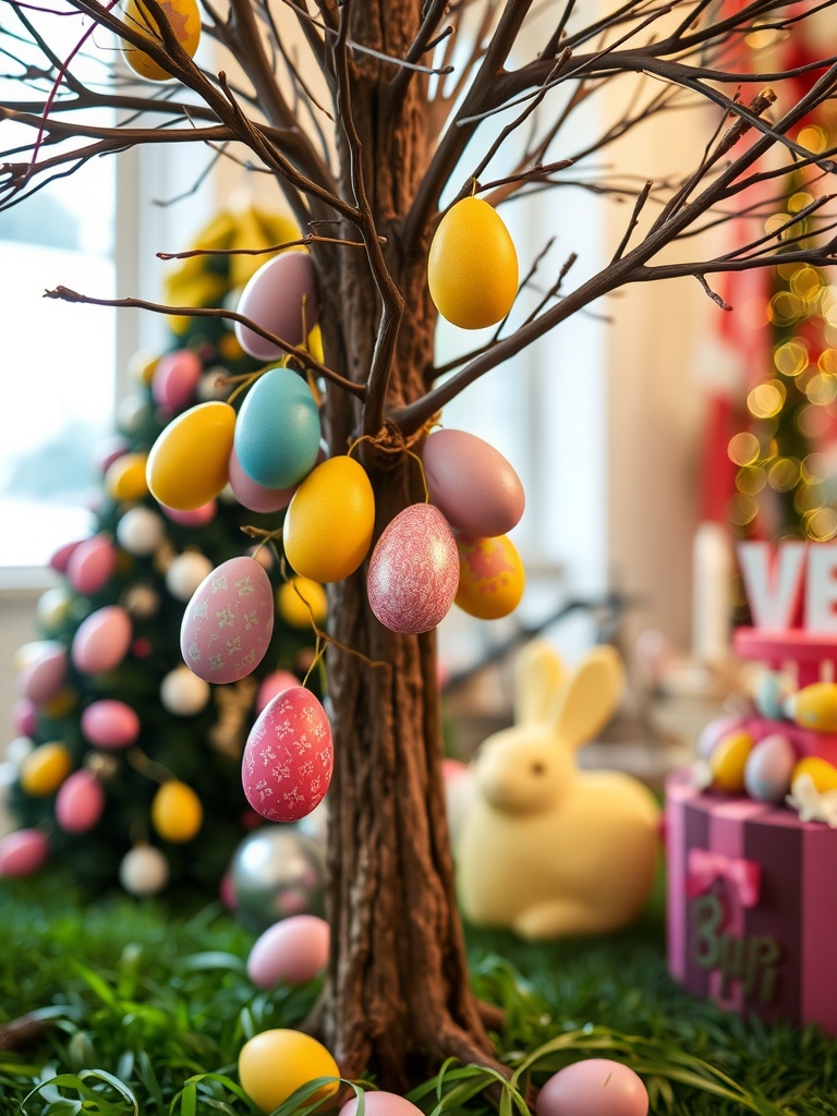 A decorated Easter egg tree display with colorful eggs hanging from branches, surrounded by faux grass and Easter decorations.