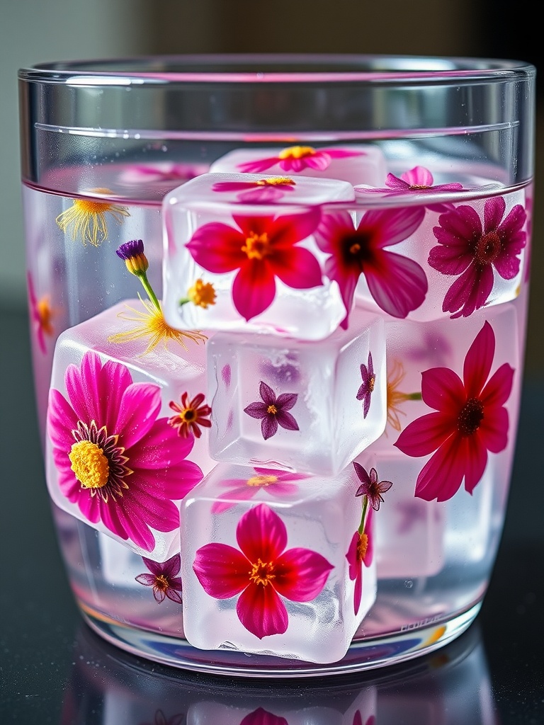 A glass with colorful ice cubes containing edible flowers, ideal for spring decor.