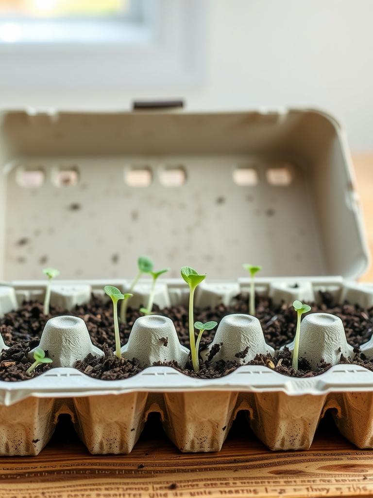 Egg carton filled with soil and sprouting seeds