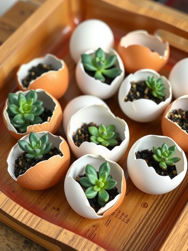 Eggshell planters with mini succulents arranged on a wooden tray.