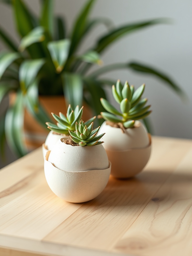 Eggshell planters filled with succulents on a wooden table