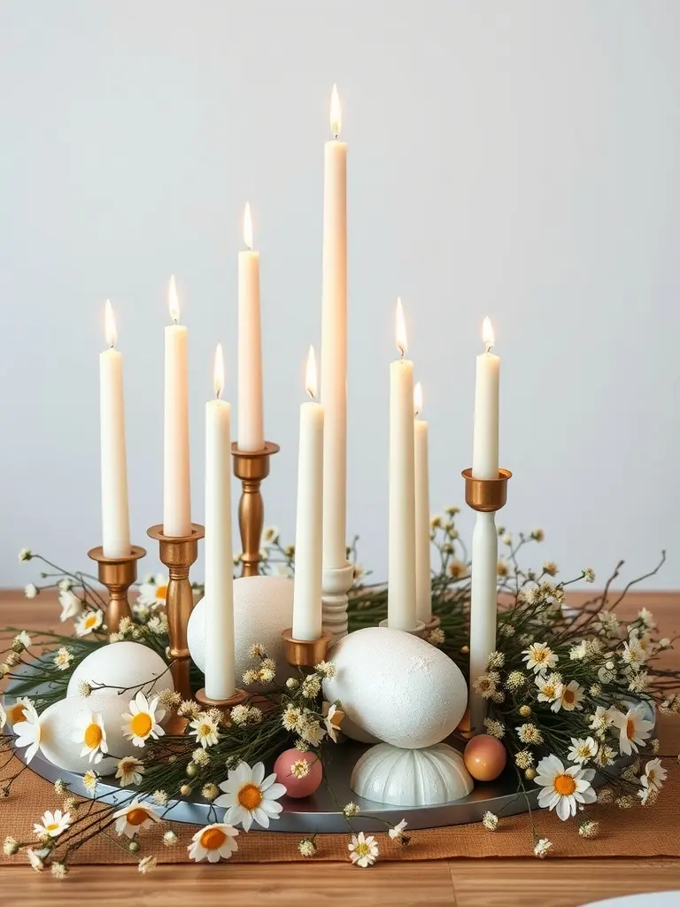 An elegant candle arrangement with various heights, flowers, and Easter eggs