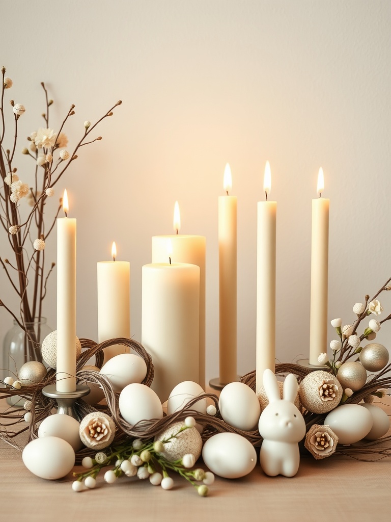 A serene display of cream candles surrounded by white eggs and delicate branches, creating a neutral Easter decor aesthetic.