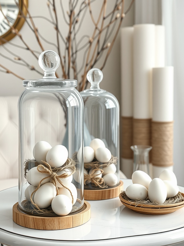 Elegant glass cloche displays with white eggs and natural materials
