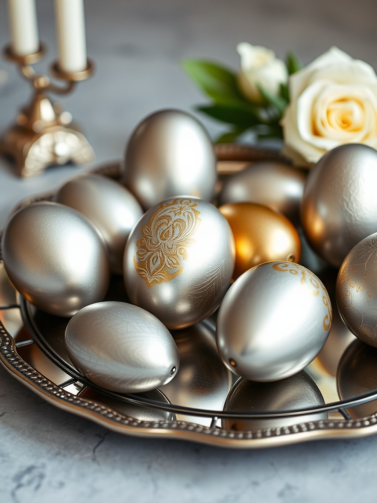 A decorative arrangement of silver and gold eggs on a tray, with white roses and a candle holder.