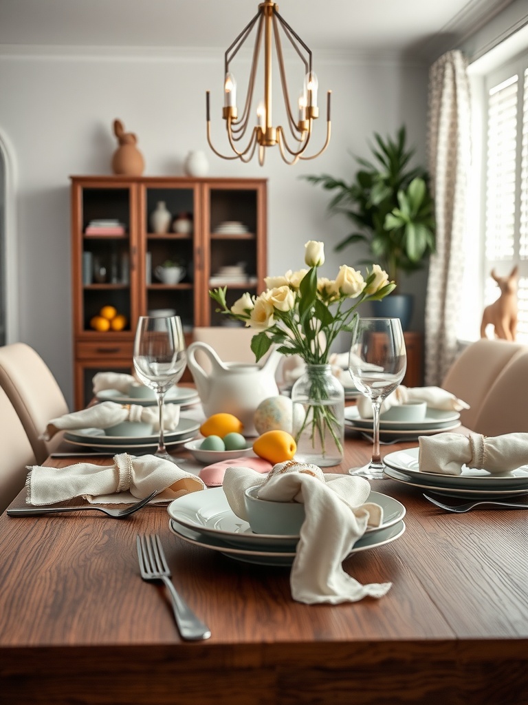 Elegant Easter table setting with linen napkins, decorative eggs, and flowers