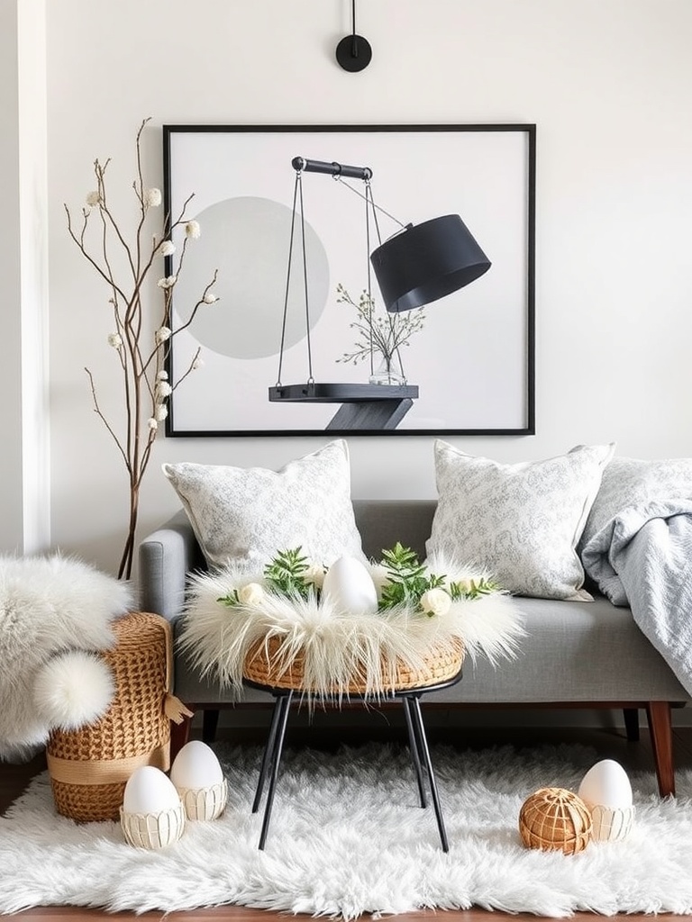 Cozy Easter decor featuring faux fur, bunnies, and decorative eggs