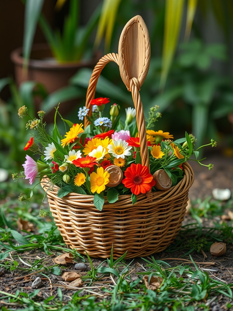 A woven basket filled with colorful flowers, perfect for an Easter centerpiece.