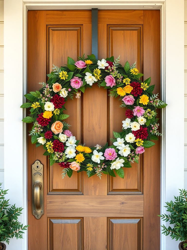 A vibrant floral wreath with spring blooms on a wooden front door.