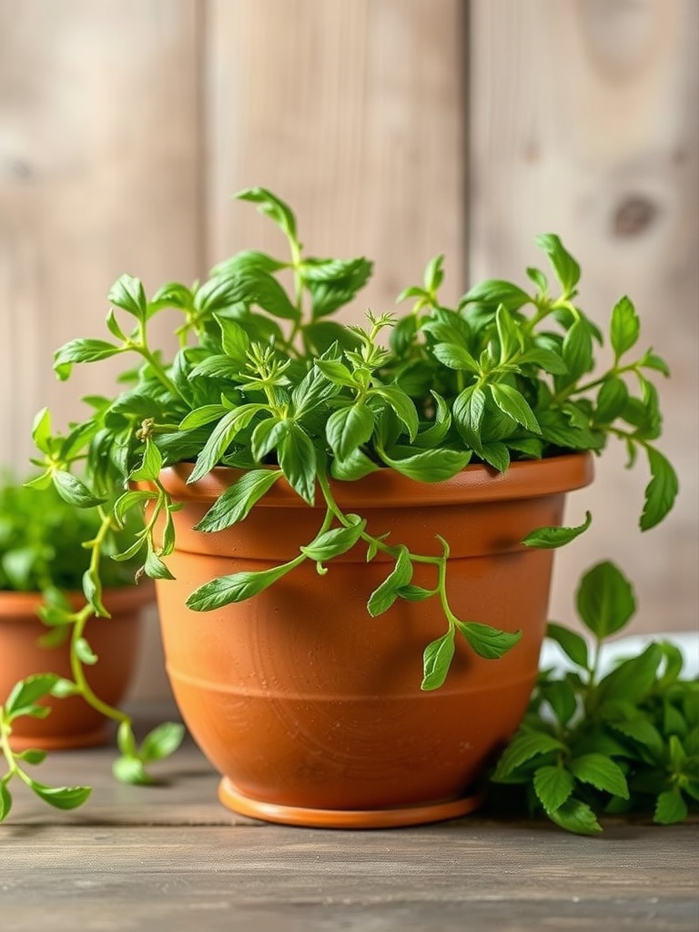 Terracotta pot filled with fresh green herbs