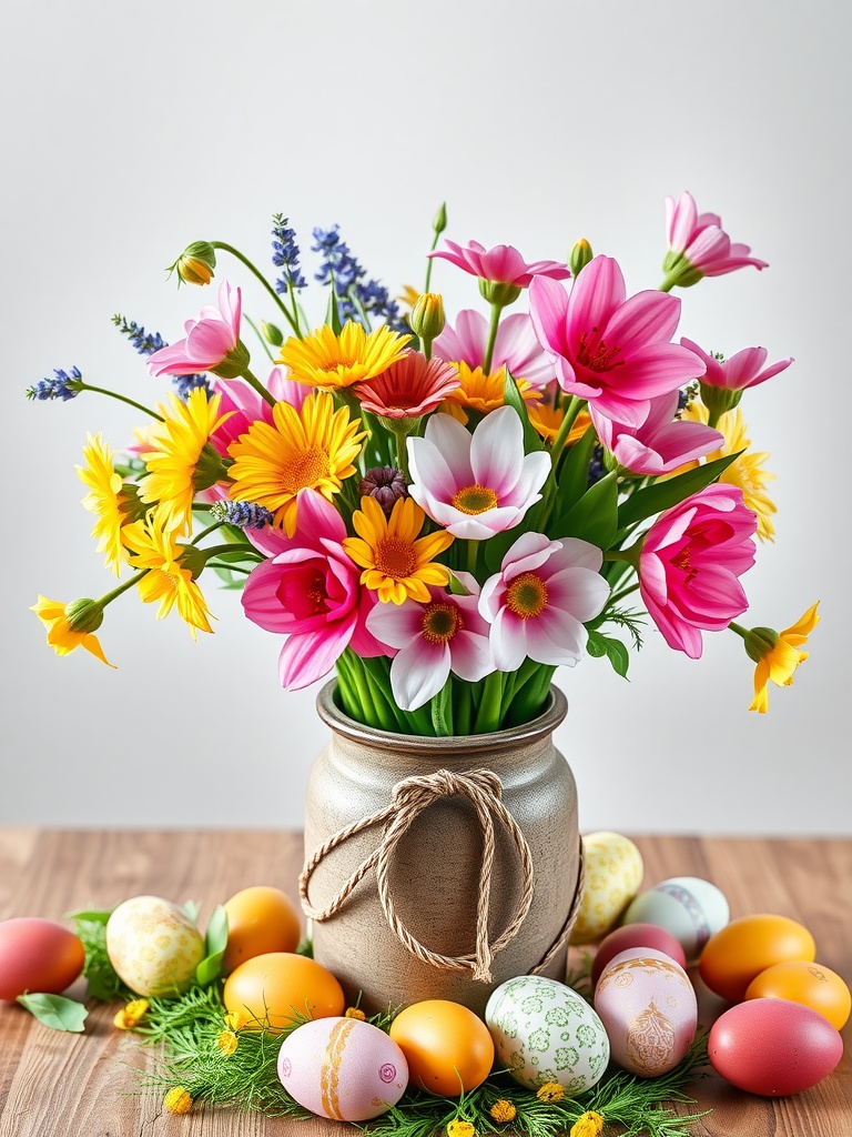 A flower arrangement in a rustic jar surrounded by decorated Easter eggs