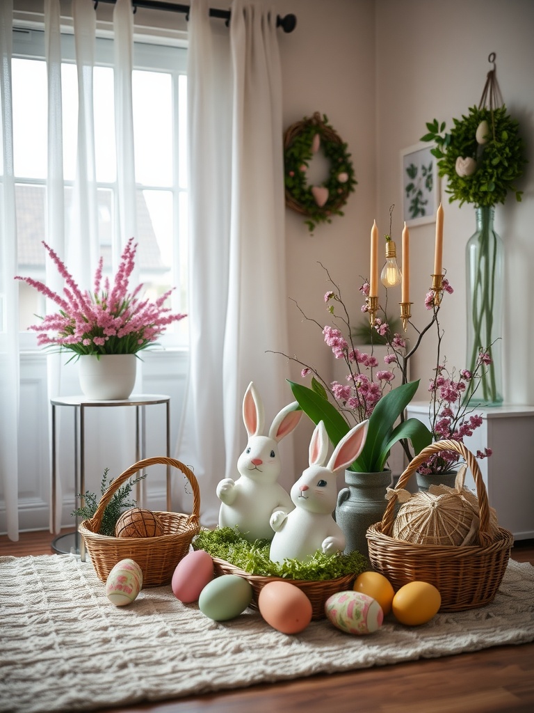 A modern Easter decor setup featuring bunny figures, pastel eggs, and floral arrangements.