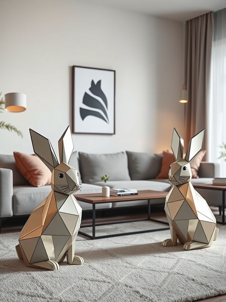 Two geometric bunny accents in a modern living space
