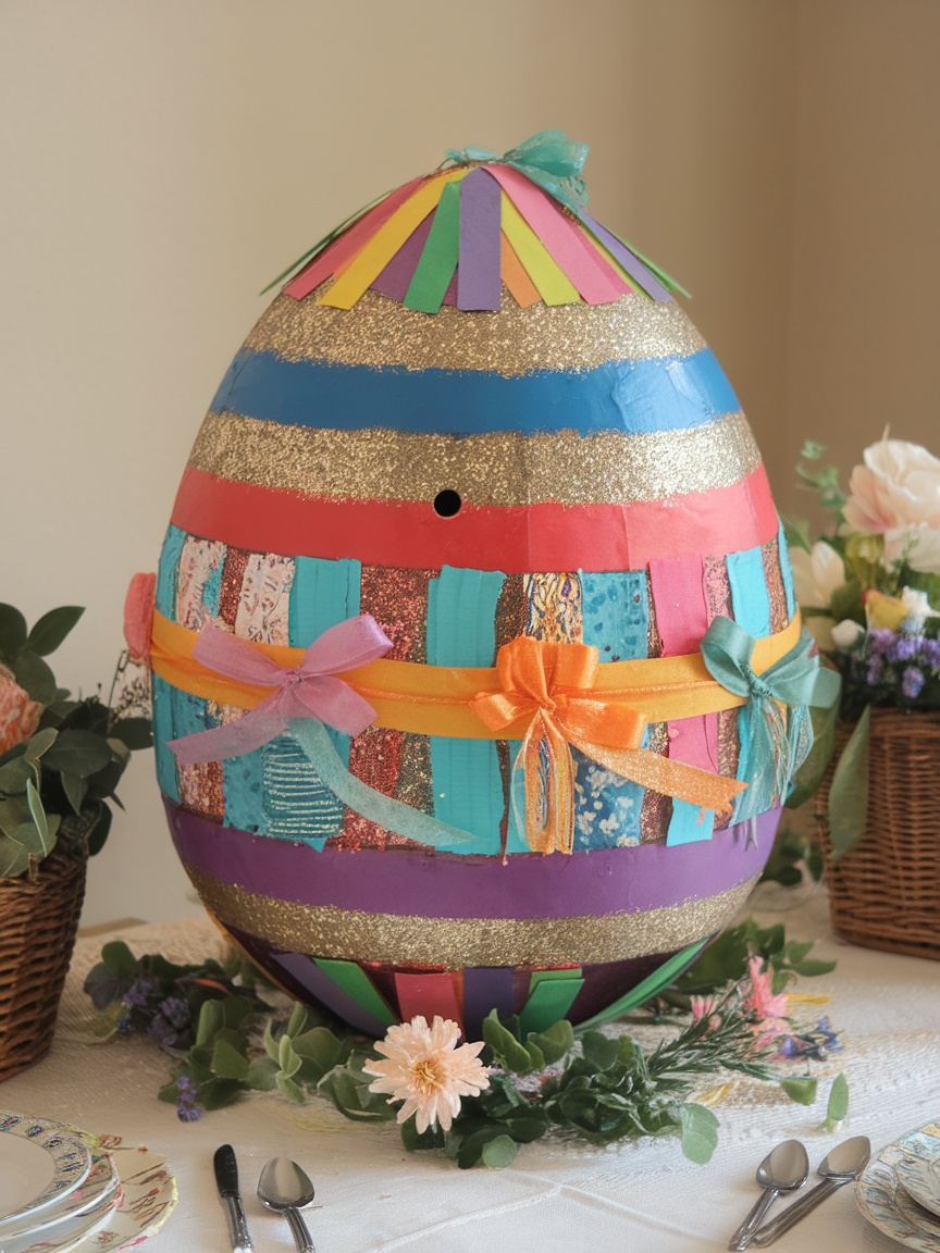 A colorful giant paper mache egg display surrounded by paper flowers and green grass.