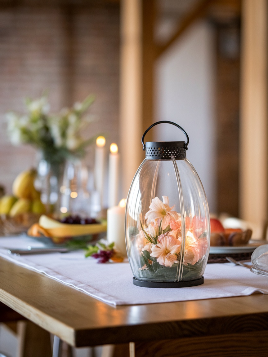 A glass lantern filled with spring flowers, illuminated from within, placed on a table.