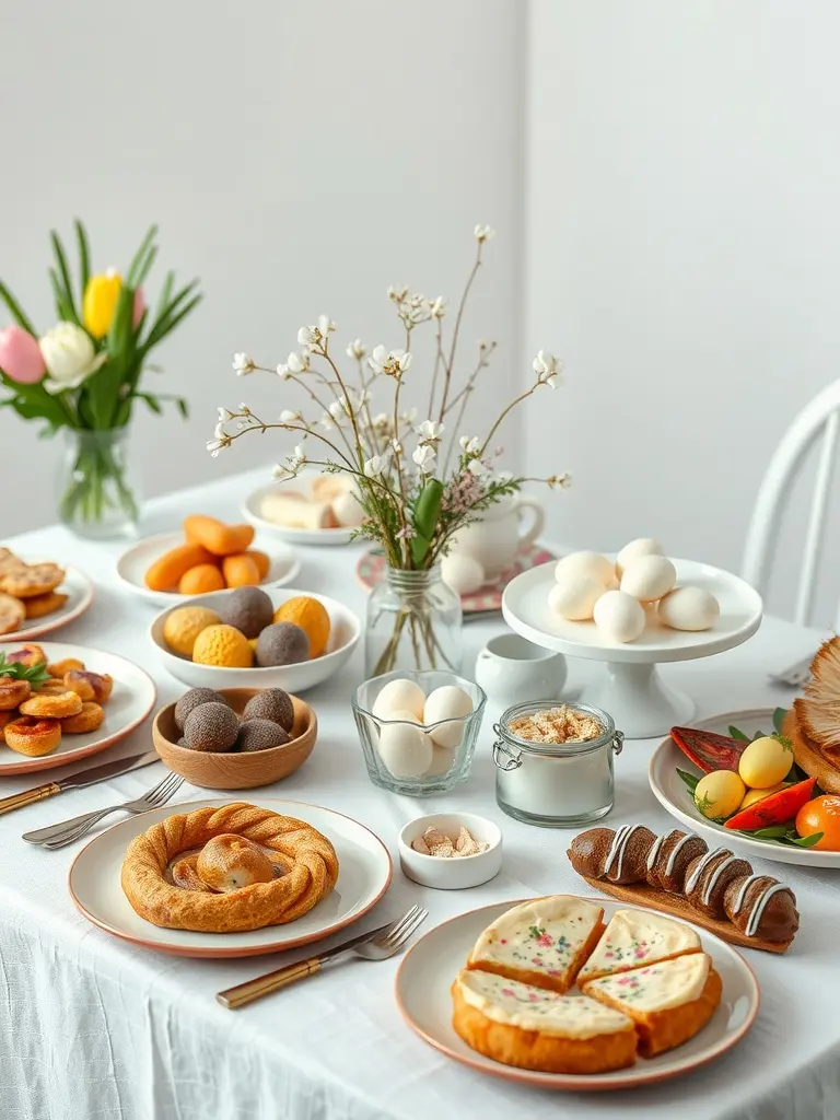 A beautifully arranged Easter brunch table showcasing a variety of pastries, eggs, and flowers.