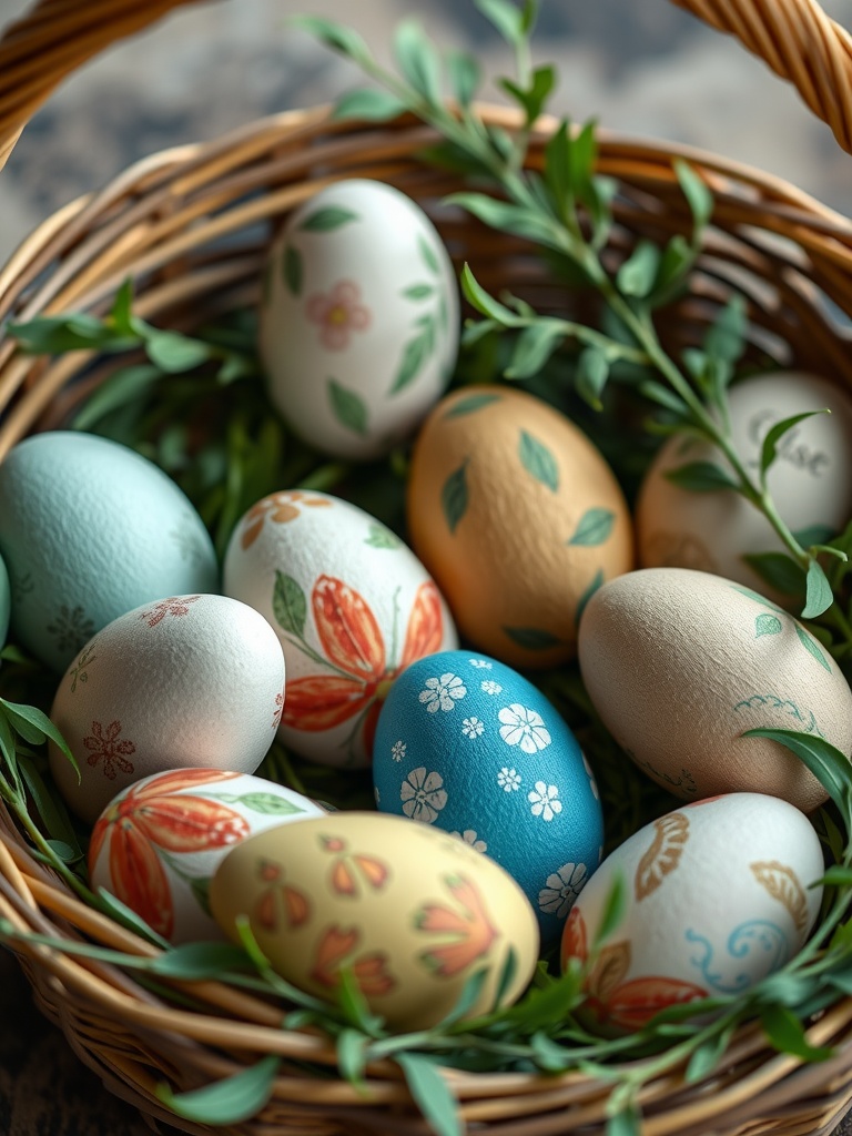 A basket filled with hand-painted wooden Easter eggs and greenery.