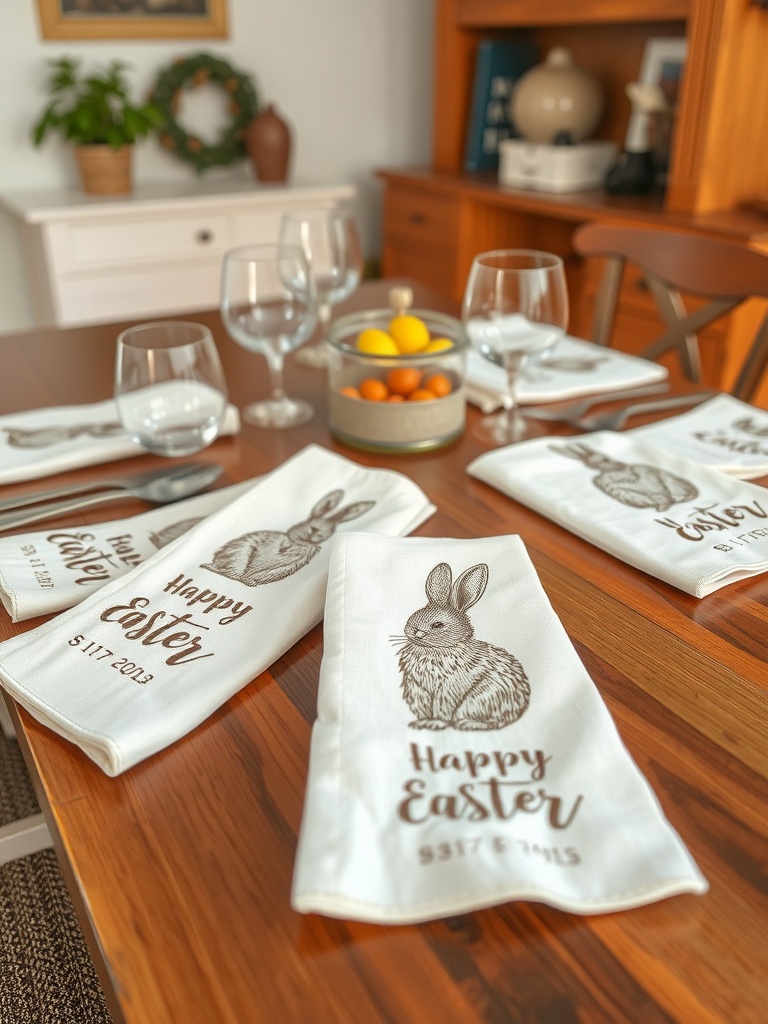A beautifully set table with hand-stamped napkins featuring a bunny design for Easter.