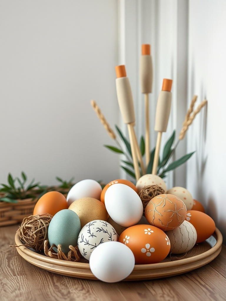 A beautifully arranged collection of handcrafted artisan eggs in various colors and designs, placed on a wooden platter surrounded by natural elements.
