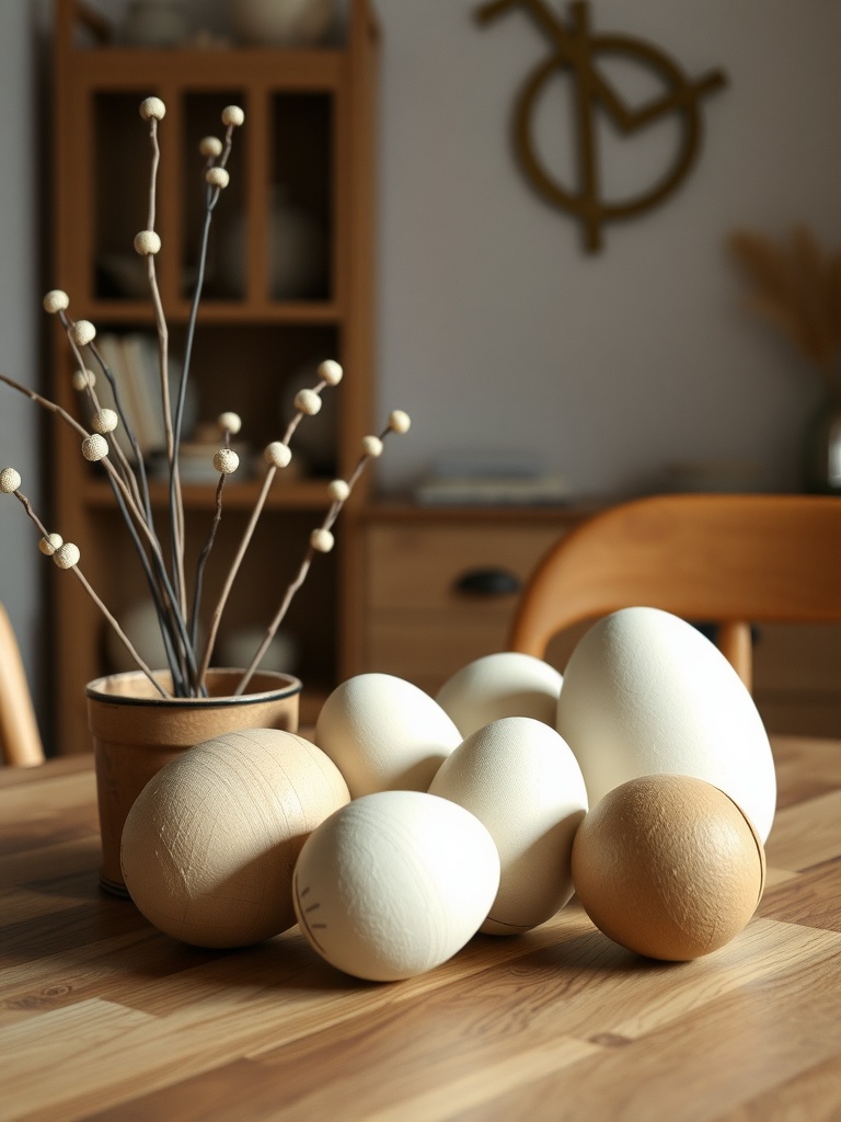 A collection of handcrafted paper mache eggs in neutral colors displayed on a wooden table with twigs in a pot.