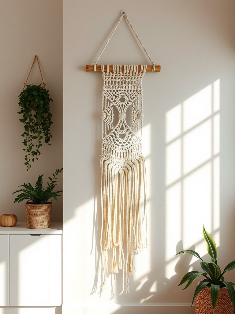 A handmade macrame wall hanging displayed in a sunlit room, accompanied by potted plants.