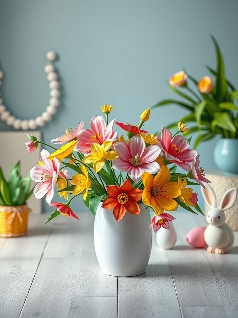 Colorful handmade paper flowers in a white vase, with a soft blue background and Easter decorations
