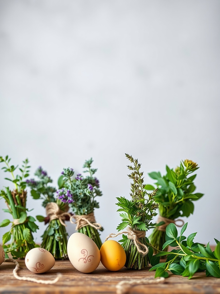 A table setting featuring herb bouquets tied with twine and decorated eggs.