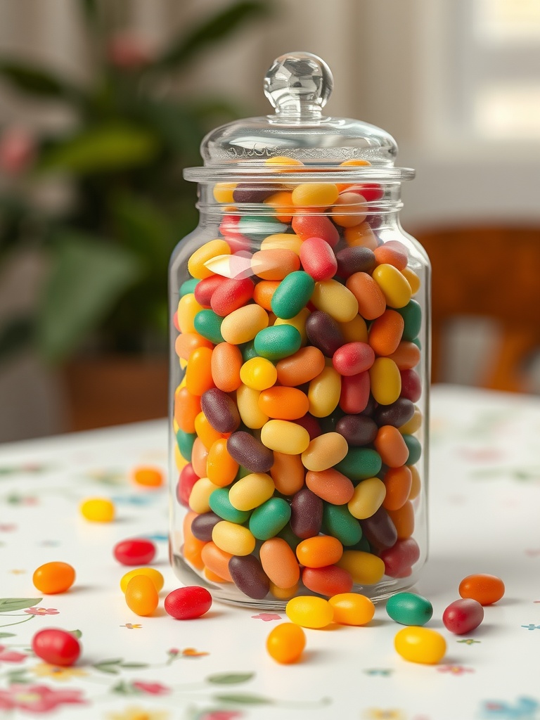 A glass jar filled with colorful jelly beans on a floral tablecloth.