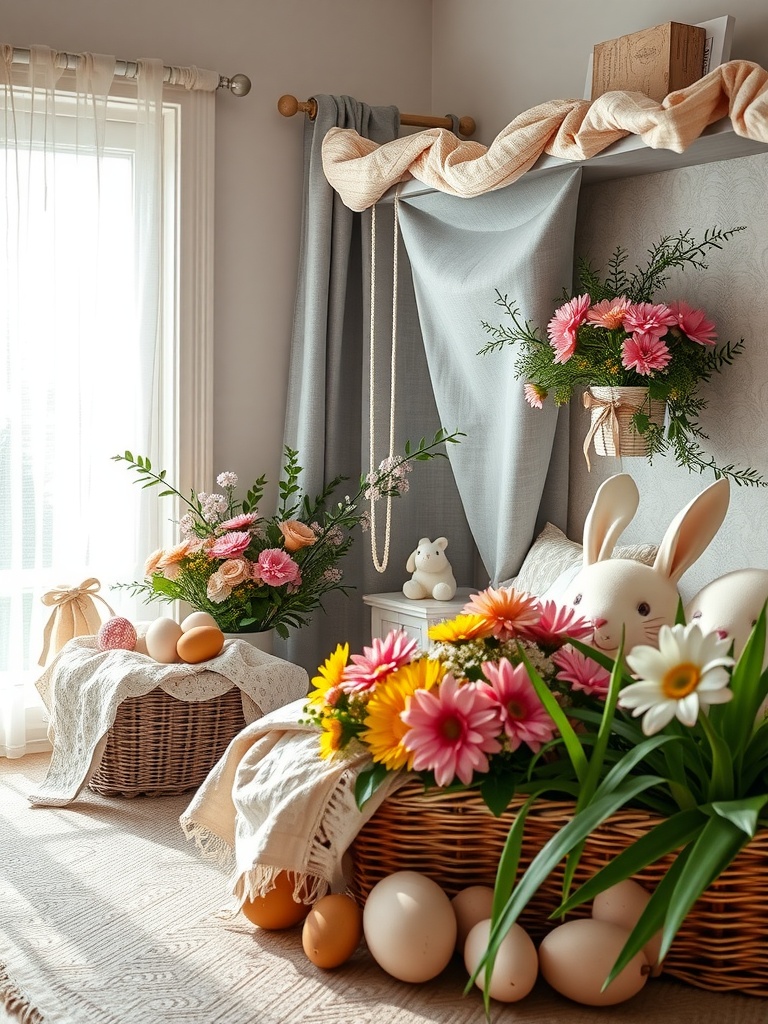 A cozy Easter decor setup with baskets of flowers and eggs, soft curtains, and a playful bunny figurine.