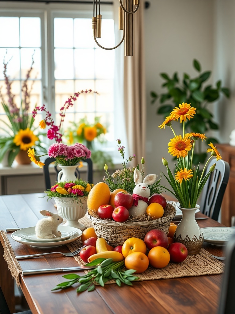 A lively Easter dining table centerpiece featuring a basket of colorful fruits, flowers, and a bunny figurine.