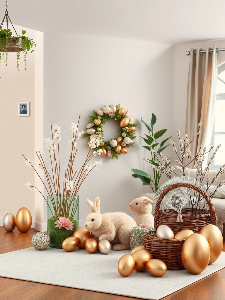 A cozy Easter decor setup featuring metallic eggs, a beautiful wreath, and plush bunnies.