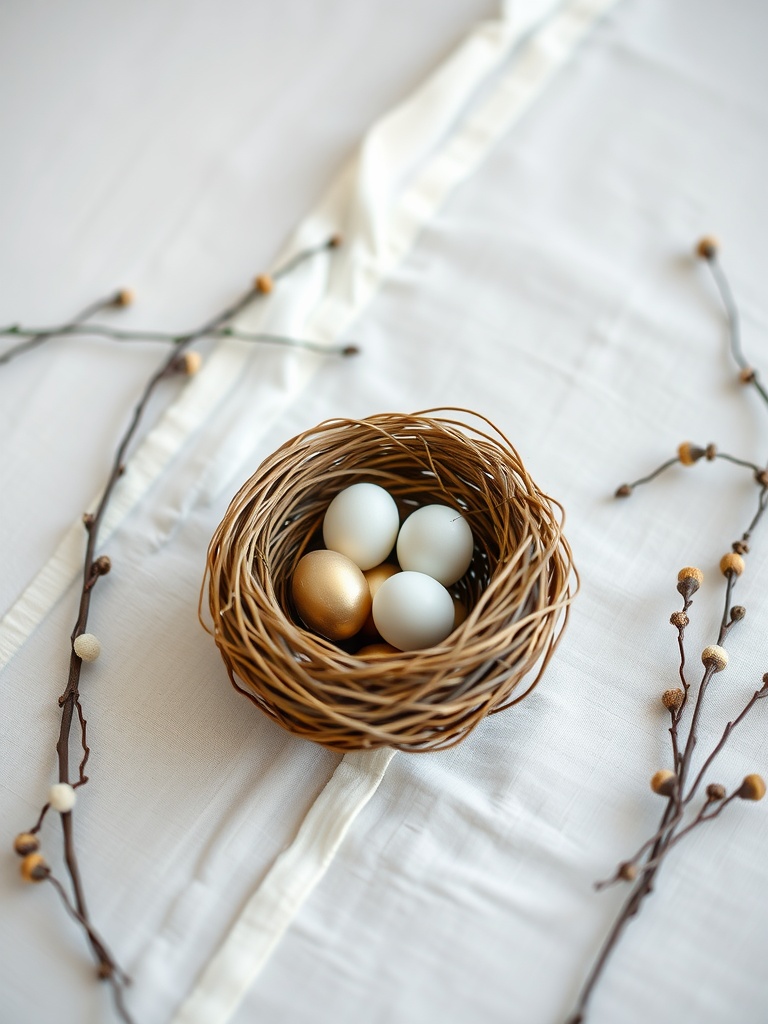 A miniature bird's nest with eggs, including a golden egg, surrounded by decorative twigs on a white tablecloth.