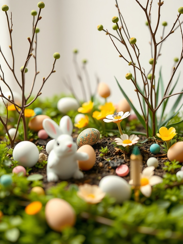 Miniature garden centerpiece featuring a white bunny, colorful eggs, and flowers in a spring setting.