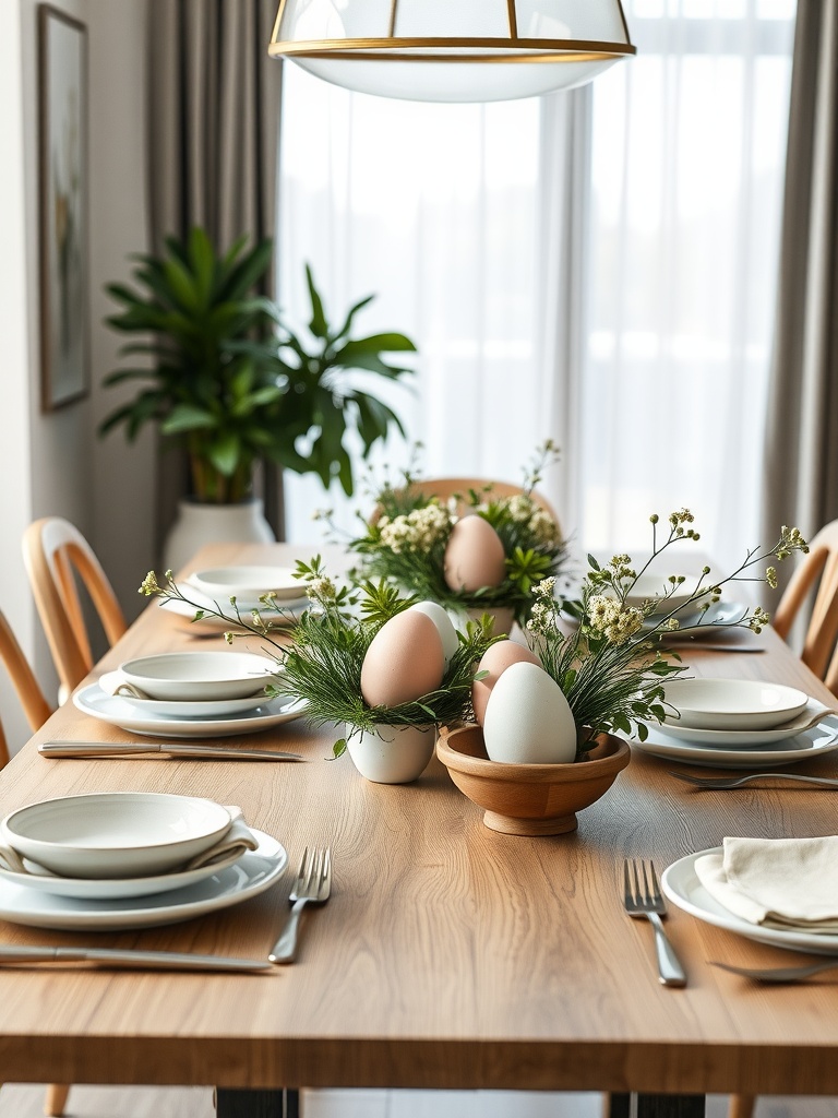 A dining table decorated with minimalist egg centerpieces and soft-toned dinnerware.
