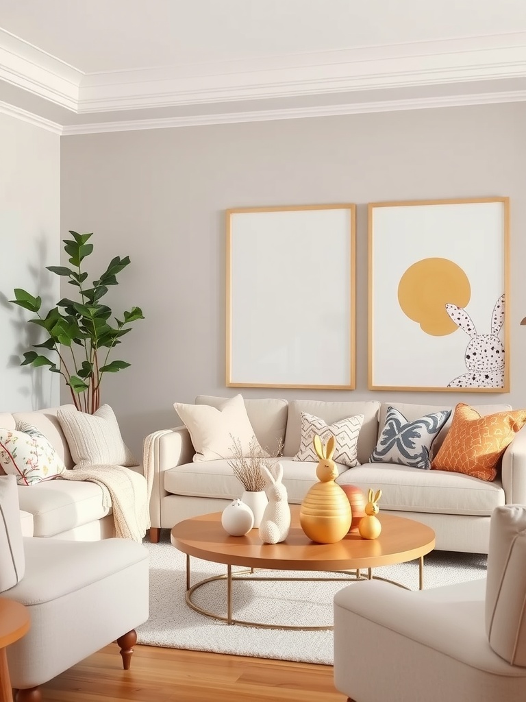 A modern Easter decor setup featuring pink blossoms, potted plants, pastel eggs, and a cozy seating area.