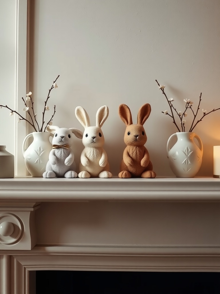 Three muted bunny figurines in white, cream, and light brown on a mantel, alongside vases with branches and a candle.