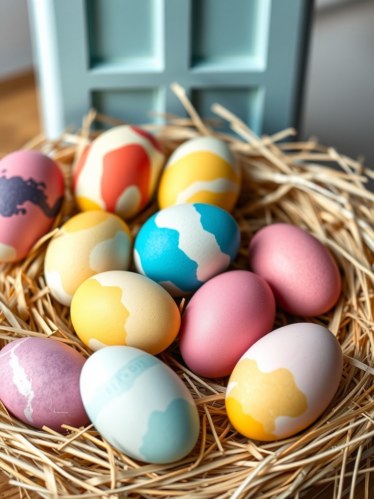 A collection of naturally dyed Easter eggs in various pastel colors arranged in a straw nest.
