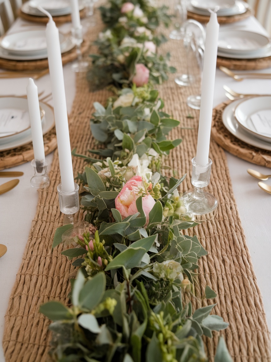 A burlap table runner with flowers, greenery, and a bunny figurine for Easter decoration.