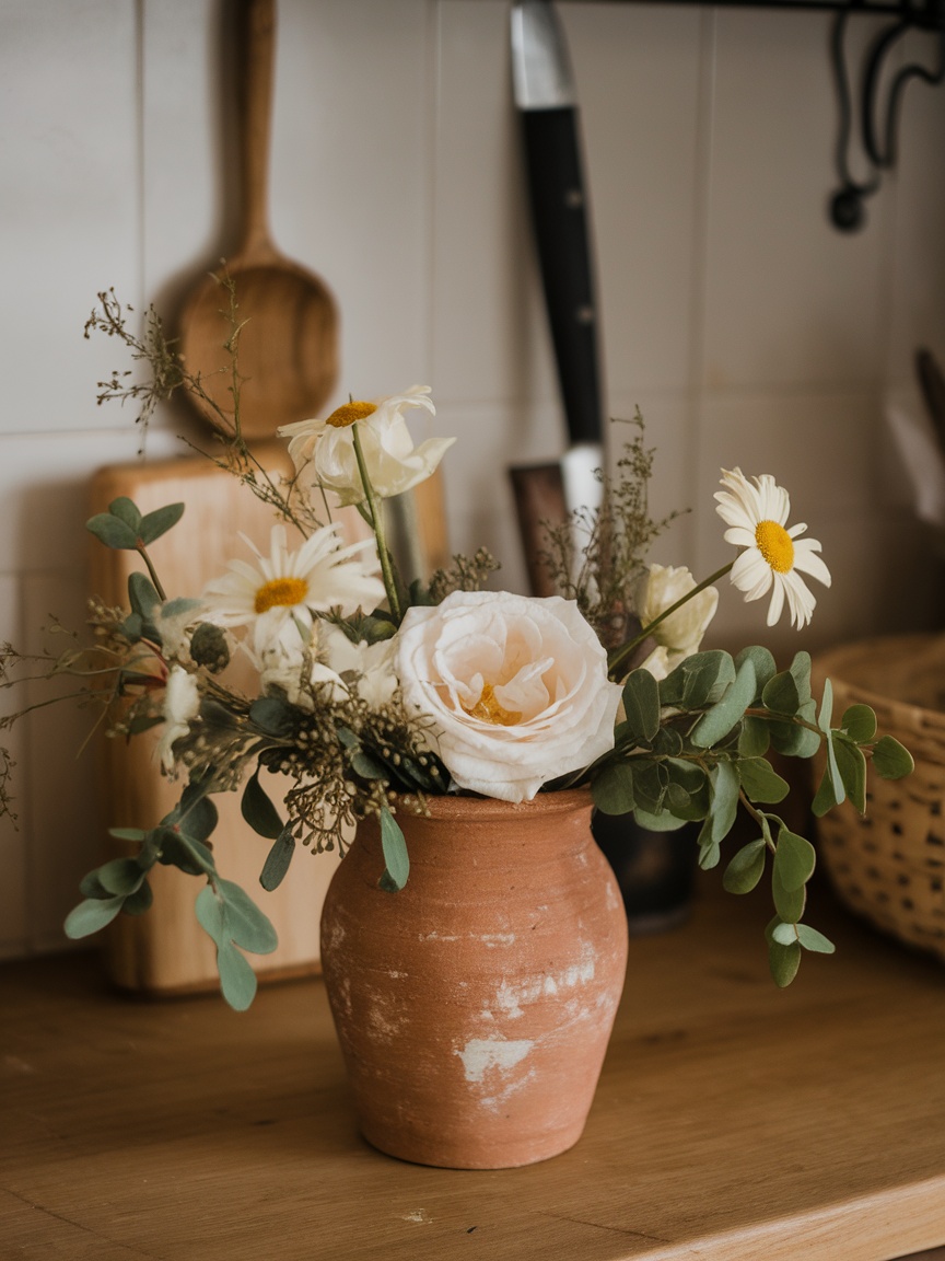 A neutral floral arrangement with light flowers in a vase and wooden letters spelling 'HOME' on a table.