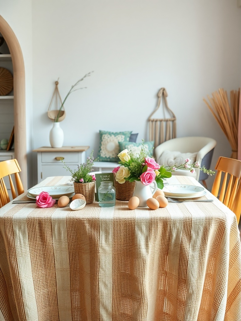 A dining table decorated with a natural jute tablecloth, flowers, and Easter eggs.