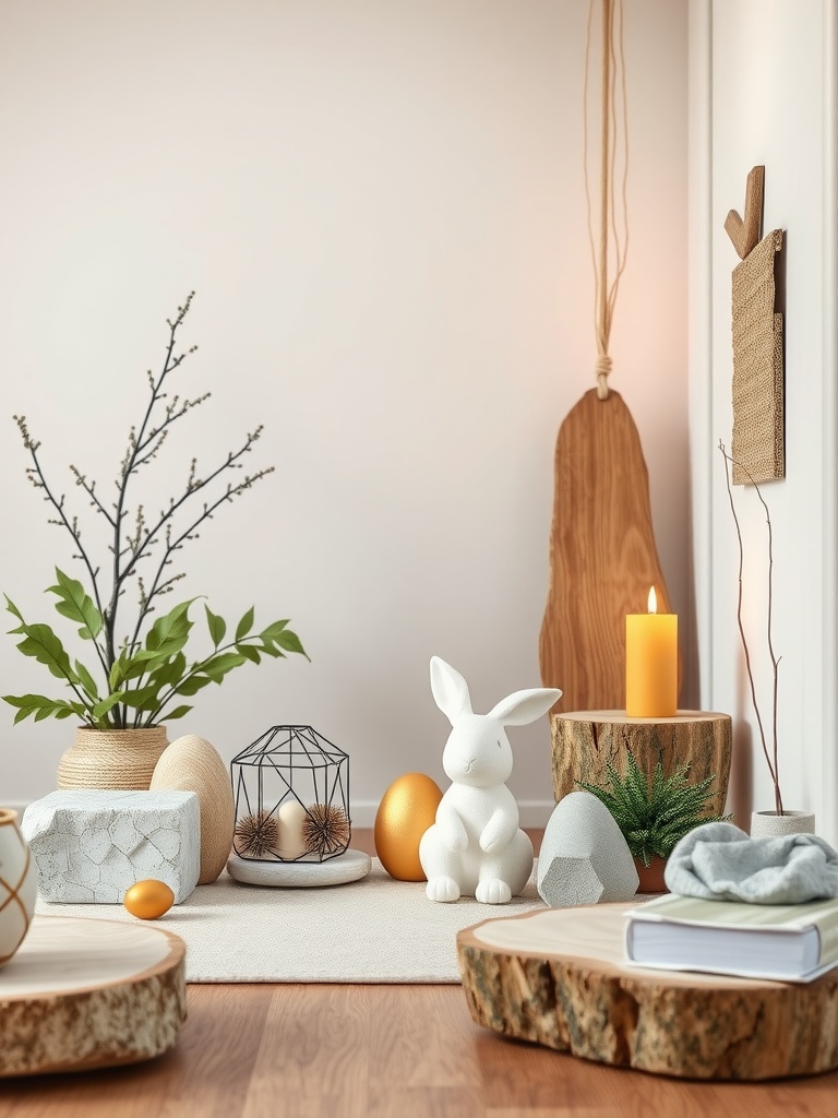 A nature-inspired Easter decor setup featuring a white bunny, decorative eggs, plants, and wooden elements.
