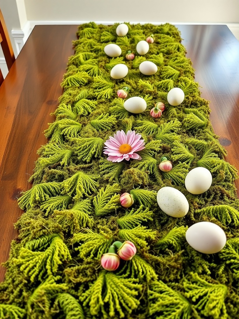 A table runner made of moss with white eggs and flowers, creating a nature-inspired Easter centerpiece.