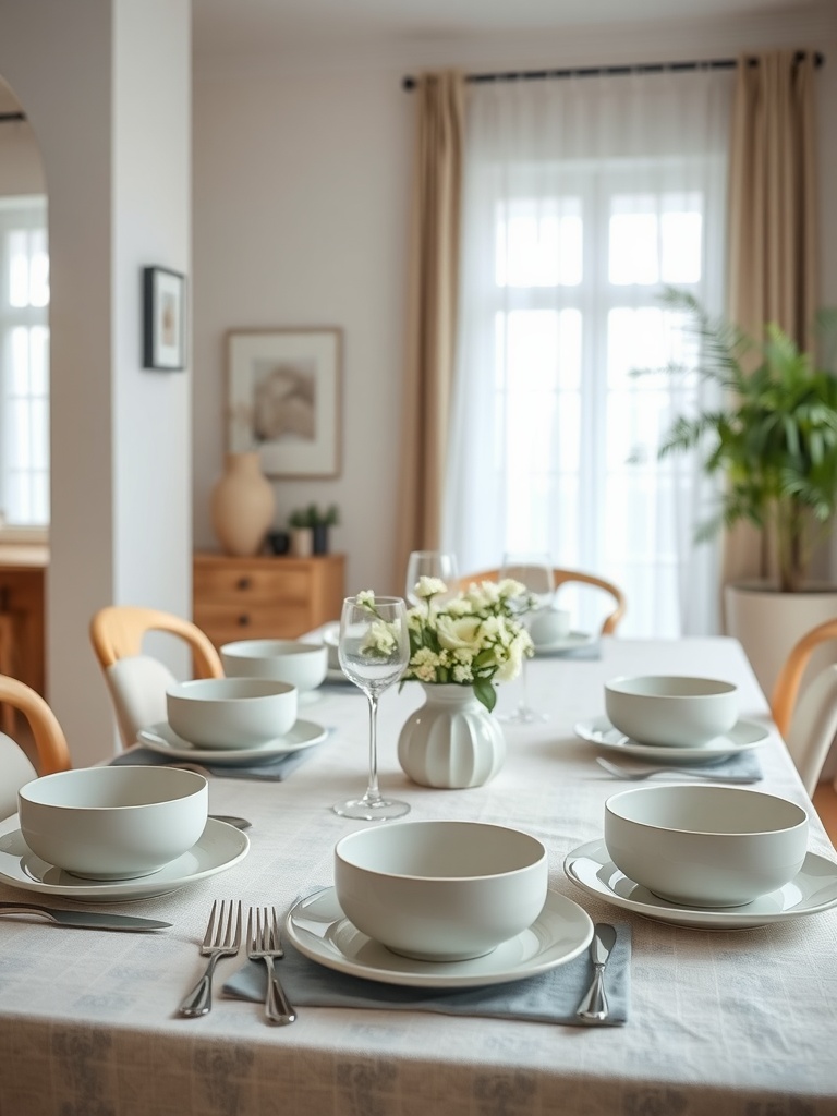 A neutral-colored table set for Easter with soft dishware and simple floral arrangements.