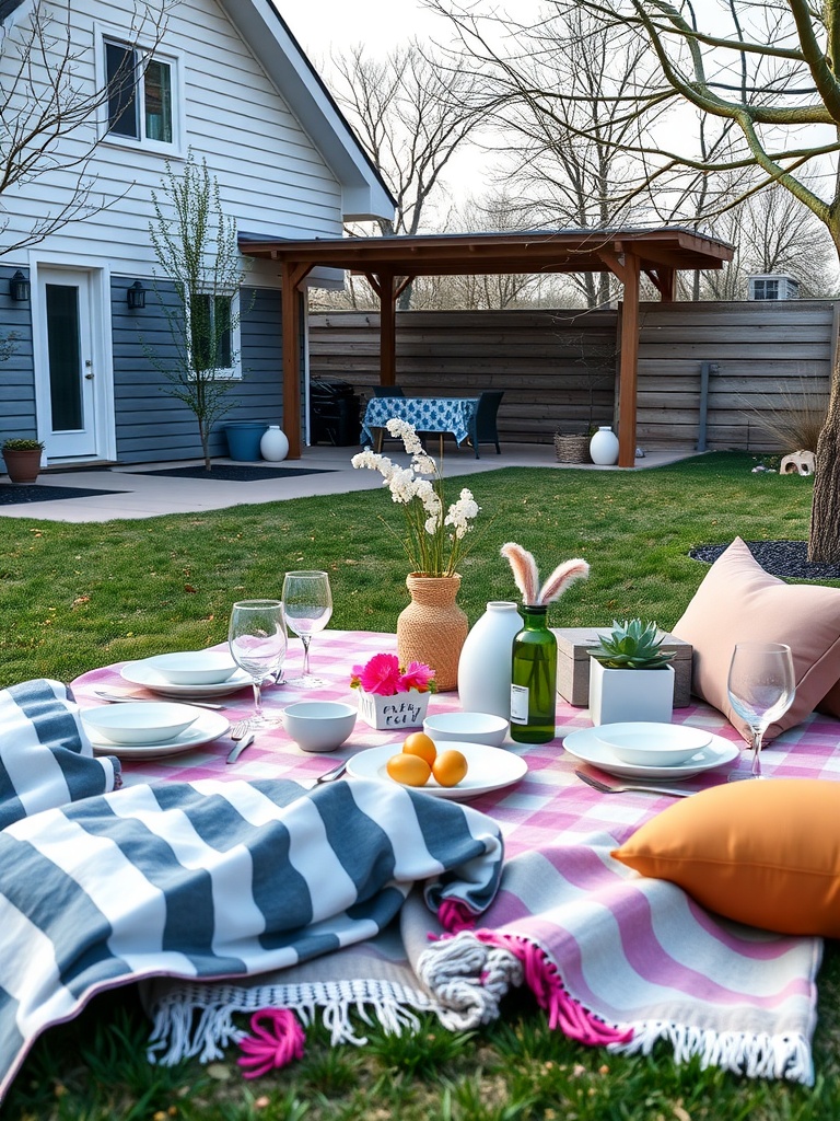 A beautifully arranged outdoor picnic setting for Easter, featuring a plaid blanket, colorful pillows, and tableware.