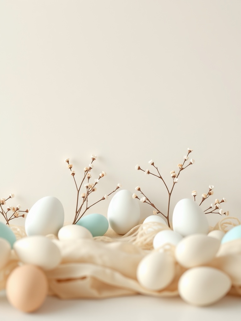 A serene Easter decor arrangement featuring pale blue and beige eggs with delicate branches.