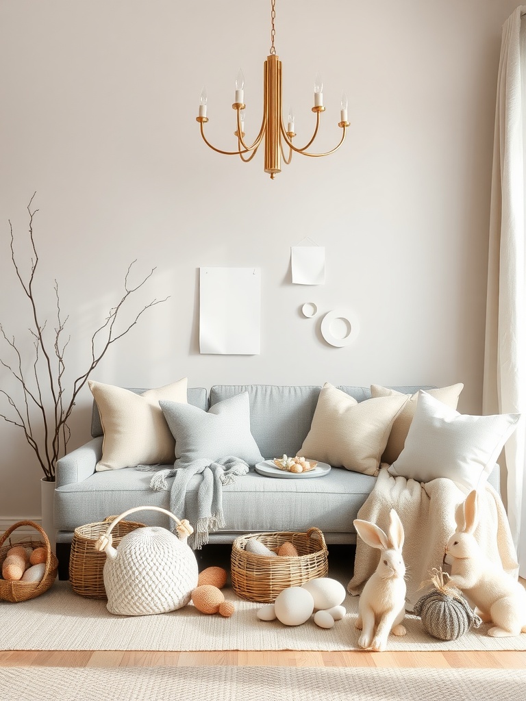Cozy Easter decor featuring pale gray and beige accents with a light blue sofa, decorative bunnies, and pastel-colored eggs.