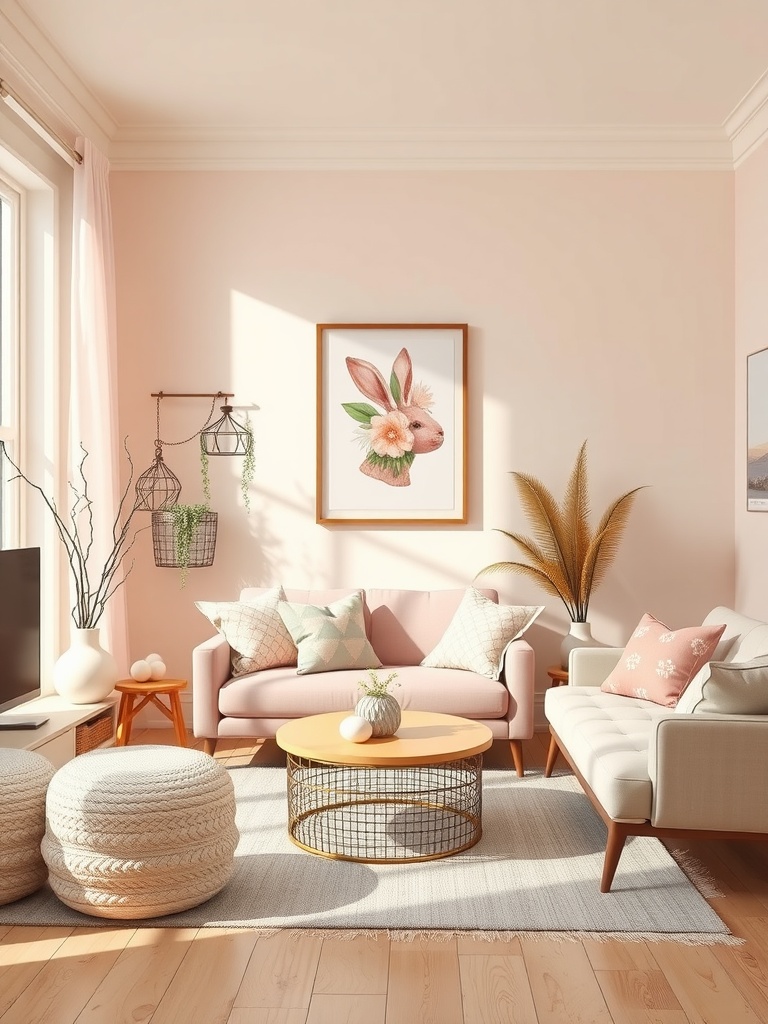 A pastel-themed living room with pink walls, cozy seating, and Easter decorations.